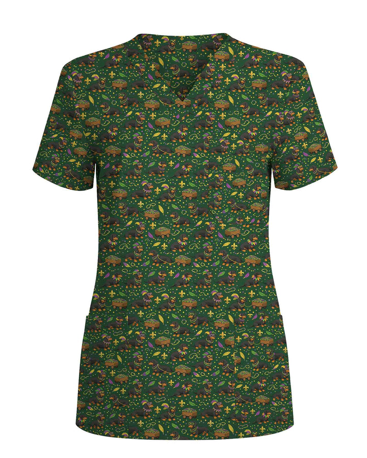 Playful Mardi Gras Dachshund Dog  Scrub Top