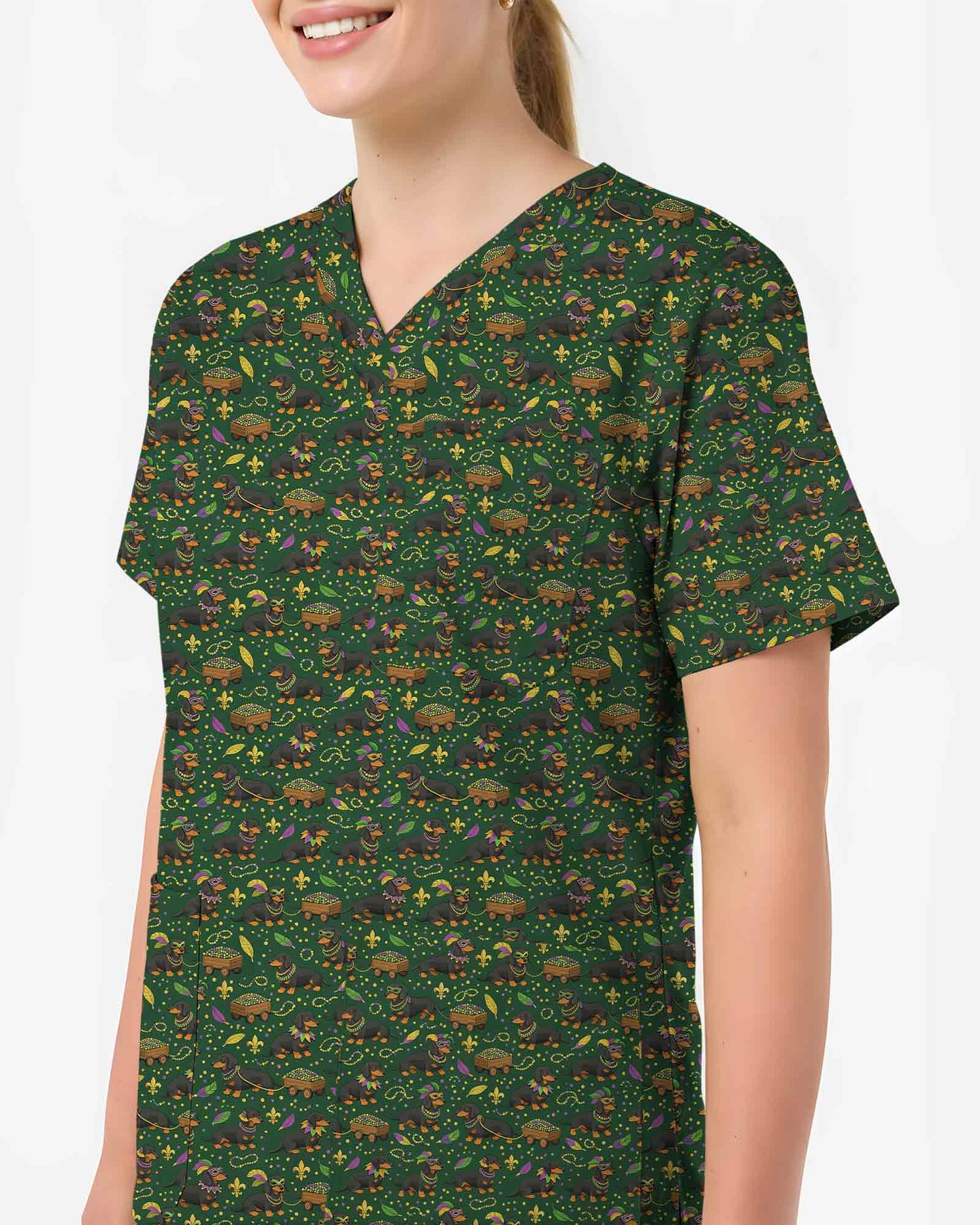 Playful Mardi Gras Dachshund Dog Scrub Top - Scrubloop