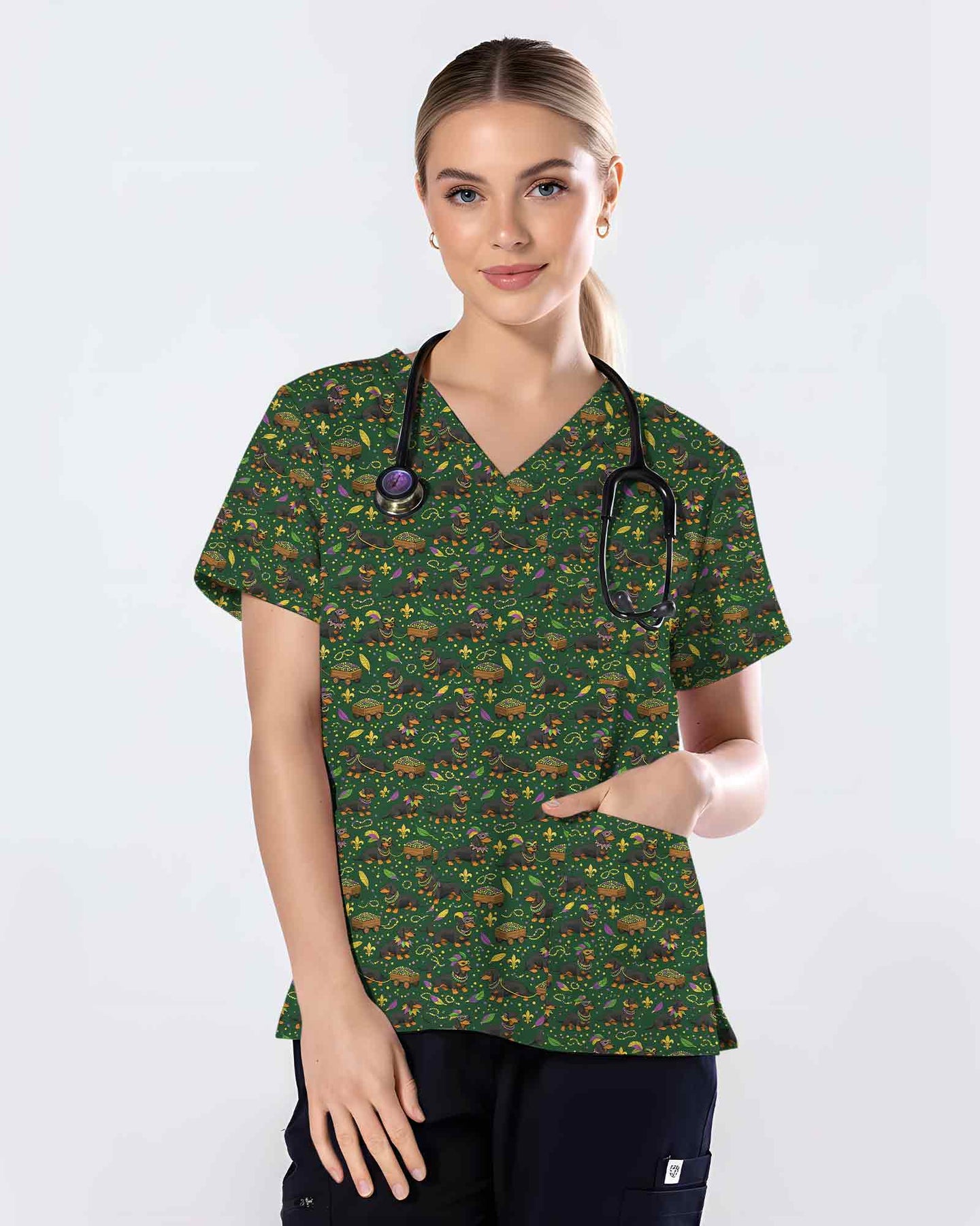 Playful Mardi Gras Dachshund Dog Scrub Top - Scrubloop