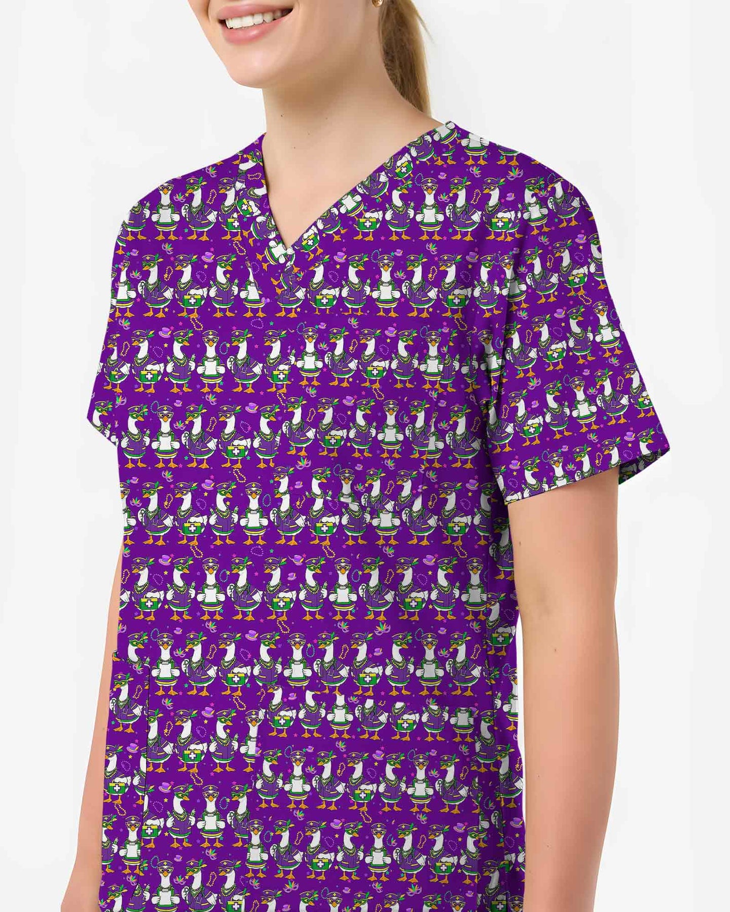 Playful Mardi Gras Duck Festival Scrub Top - Scrubloop
