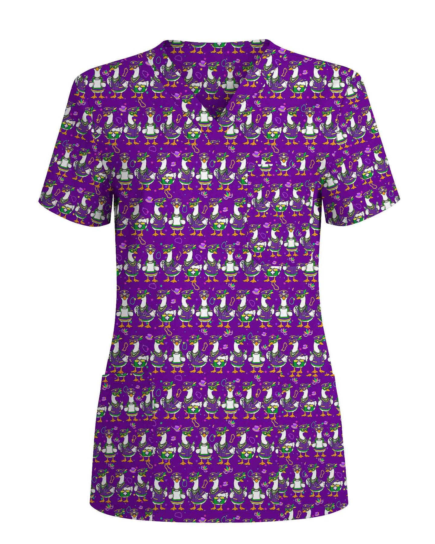 Playful Mardi Gras Duck Festival Scrub Top - Scrubloop