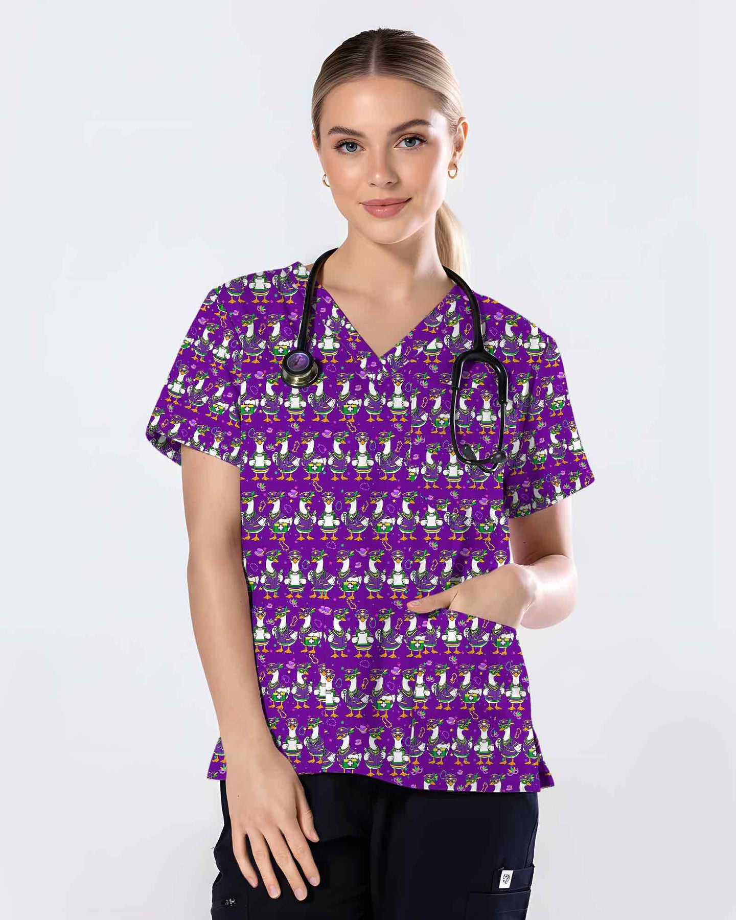 Playful Mardi Gras Duck Festival Scrub Top - Scrubloop