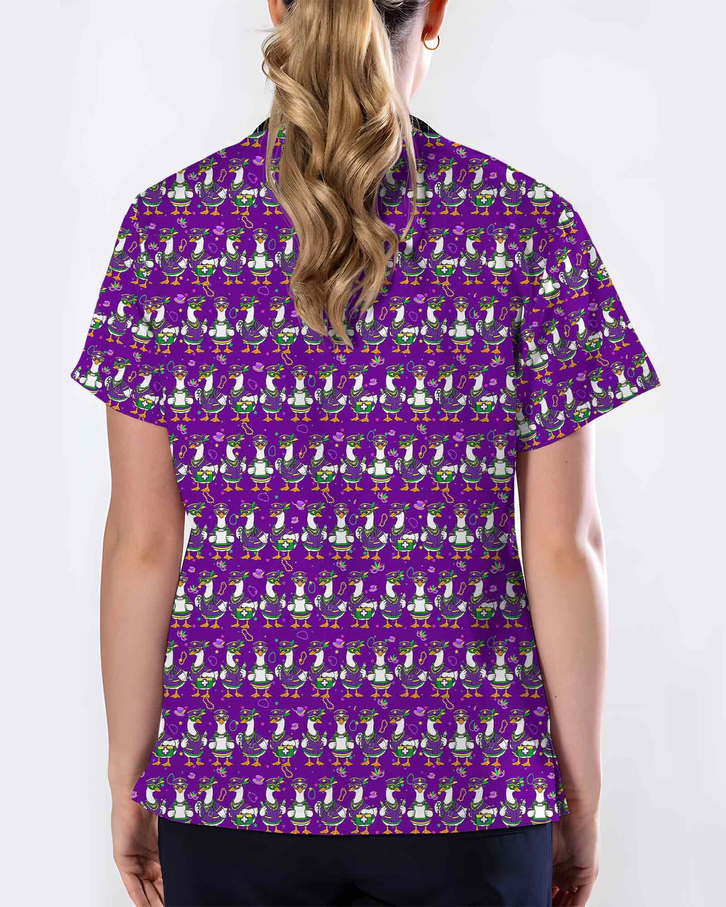 Playful Mardi Gras Duck Festival Scrub Top - Scrubloop