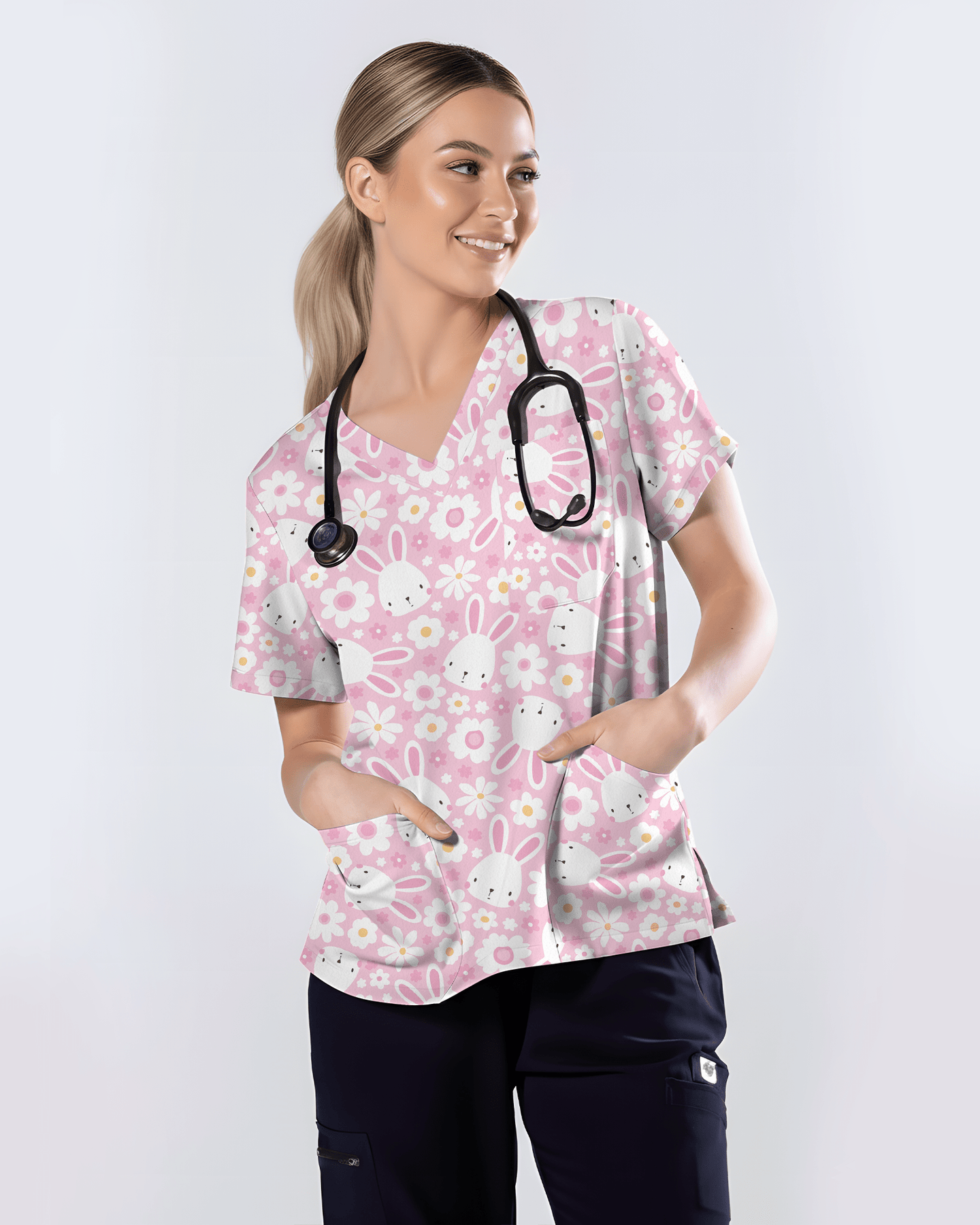 Playful Rabbits Meadow Garden Charm Women Scrub Top - Scrubloop