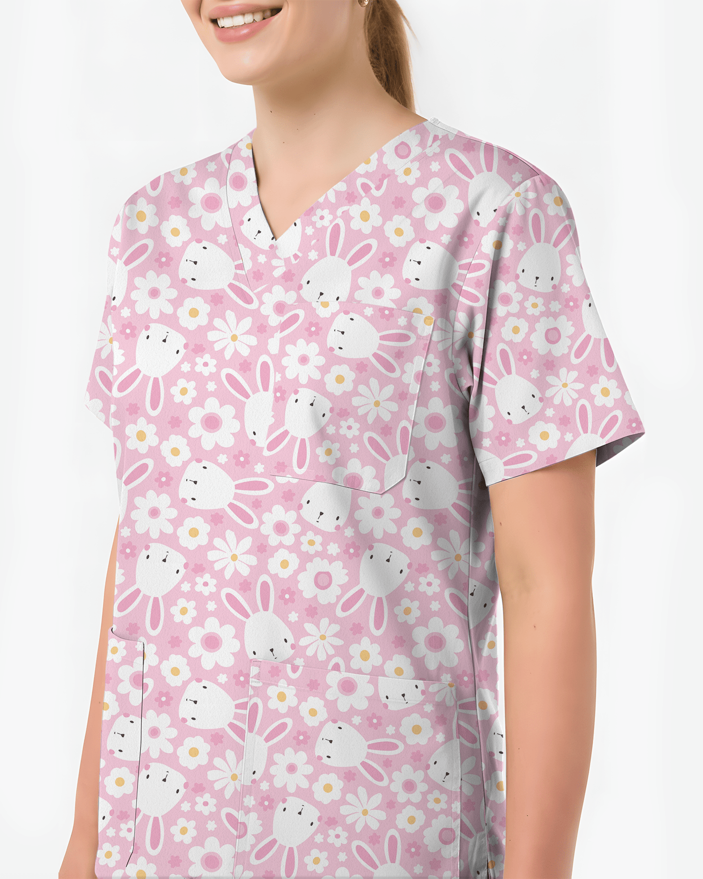 Playful Rabbits Meadow Garden Charm Women Scrub Top - Scrubloop