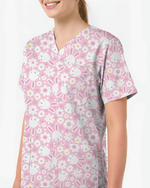 Playful Rabbits Meadow Garden Charm Women Scrub Top - Scrubloop
