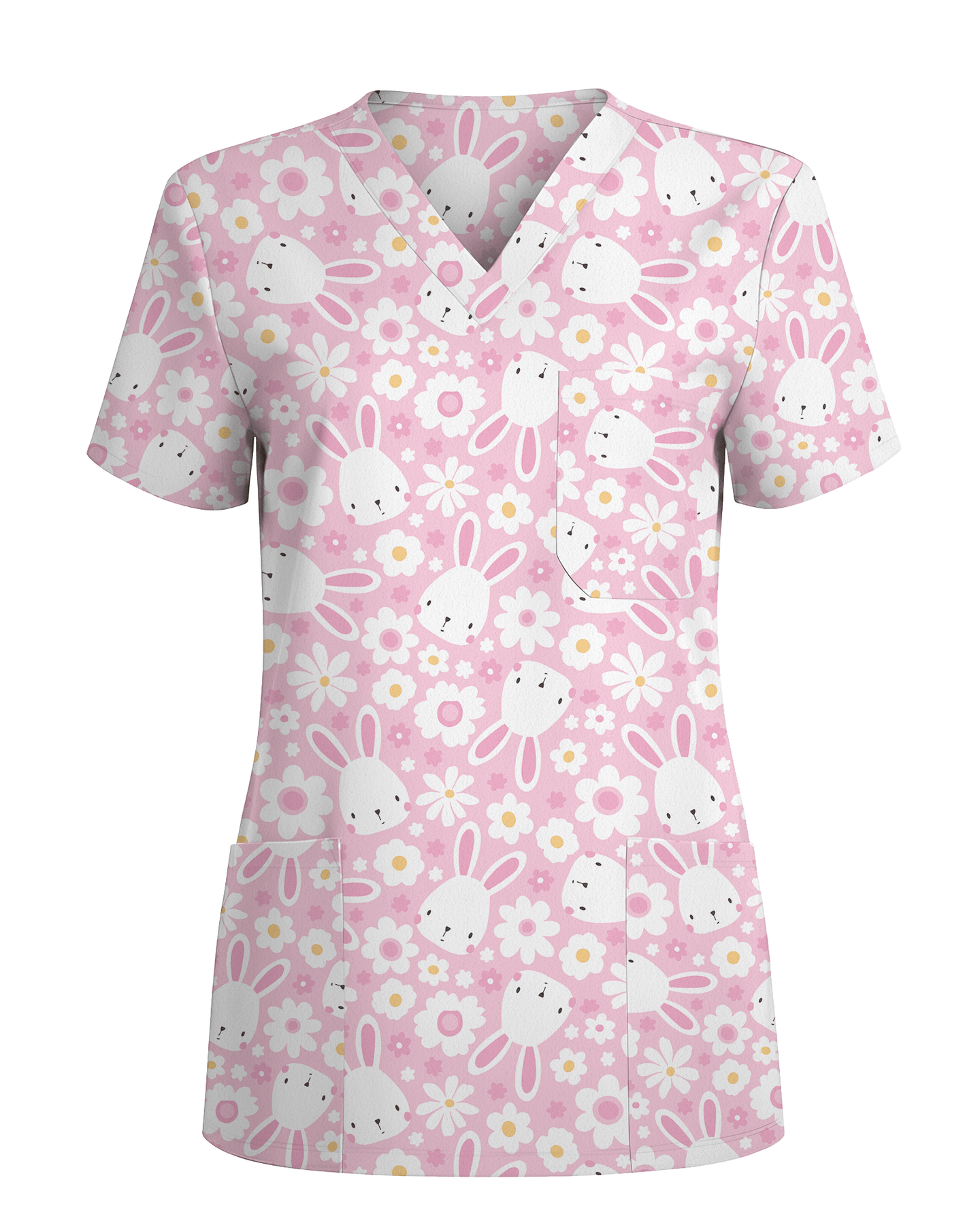 Playful Rabbits Meadow Garden Charm Women Scrub Top - Scrubloop
