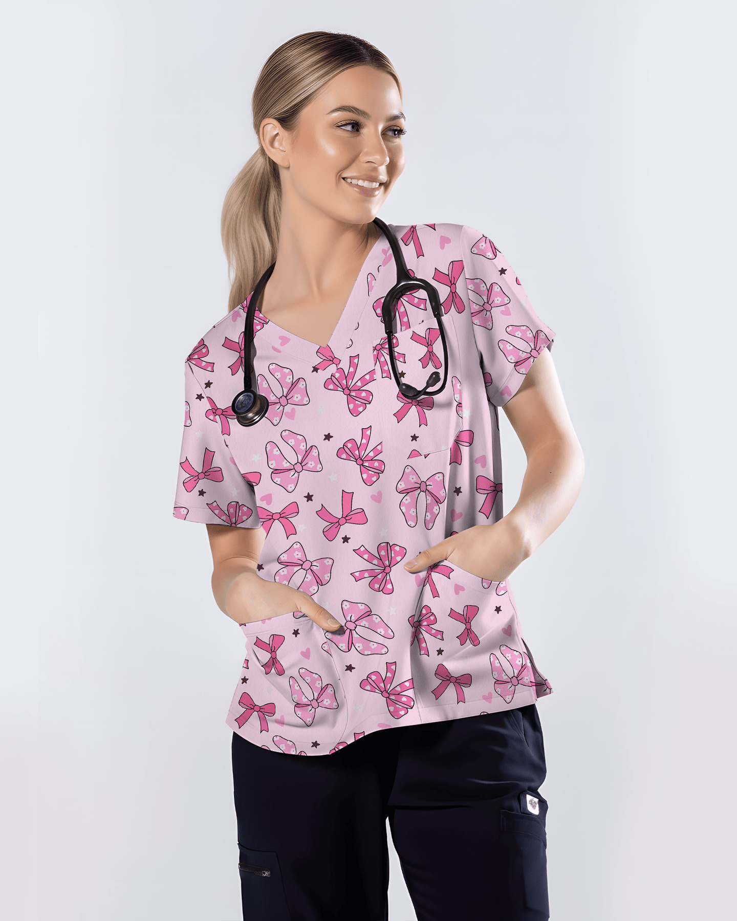 Pretty in Bows Soft Girly Charm Women Scrub Top - Scrubloop