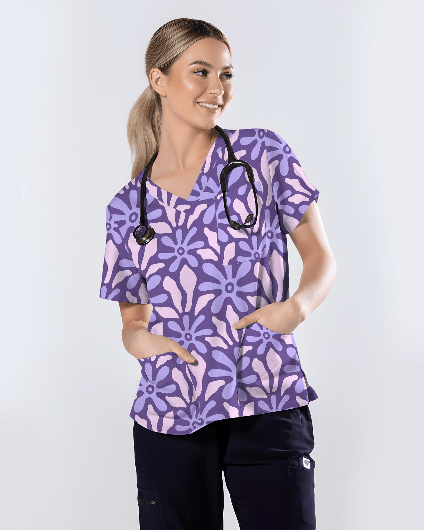 Purple Blooms Lavender Garden Glow Women Scrub Top - Scrubloop