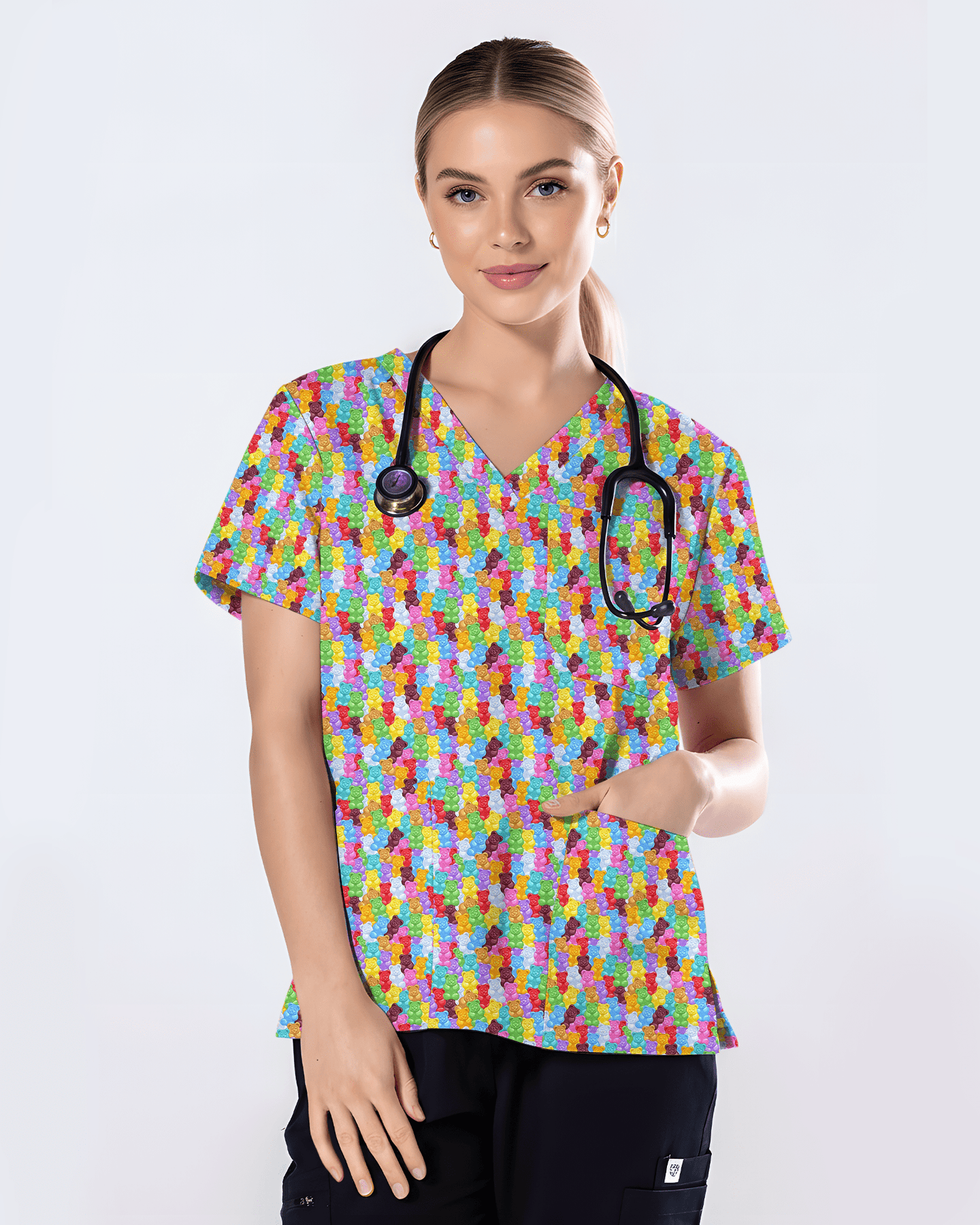 Rainbow Gummy Bear Women Scrub Top - Scrubloop