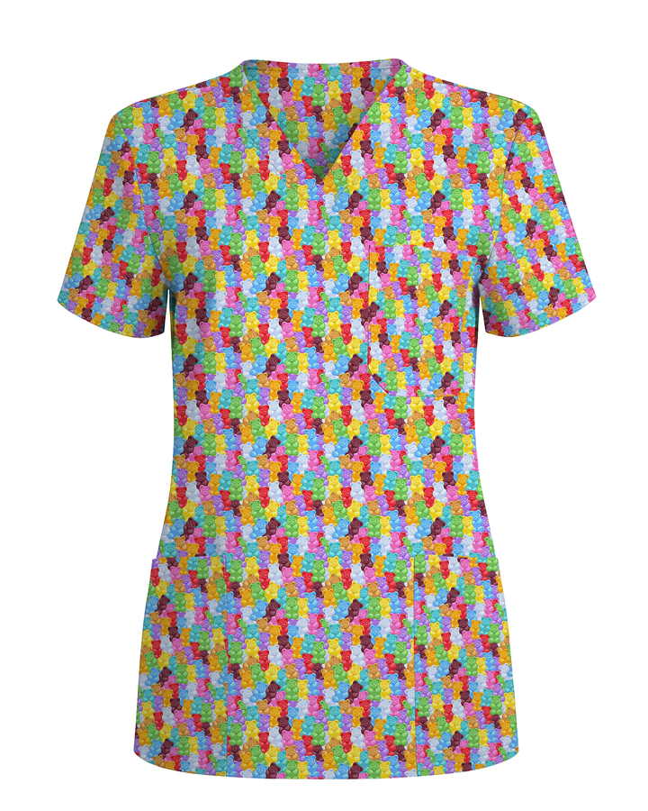 Rainbow Gummy Bear Women Scrub Top