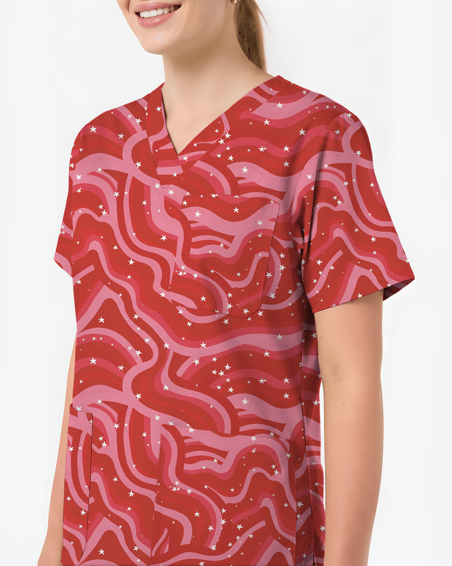 Red Revival Bold Cherry Pop Energy Women Scrub Top - Scrubloop