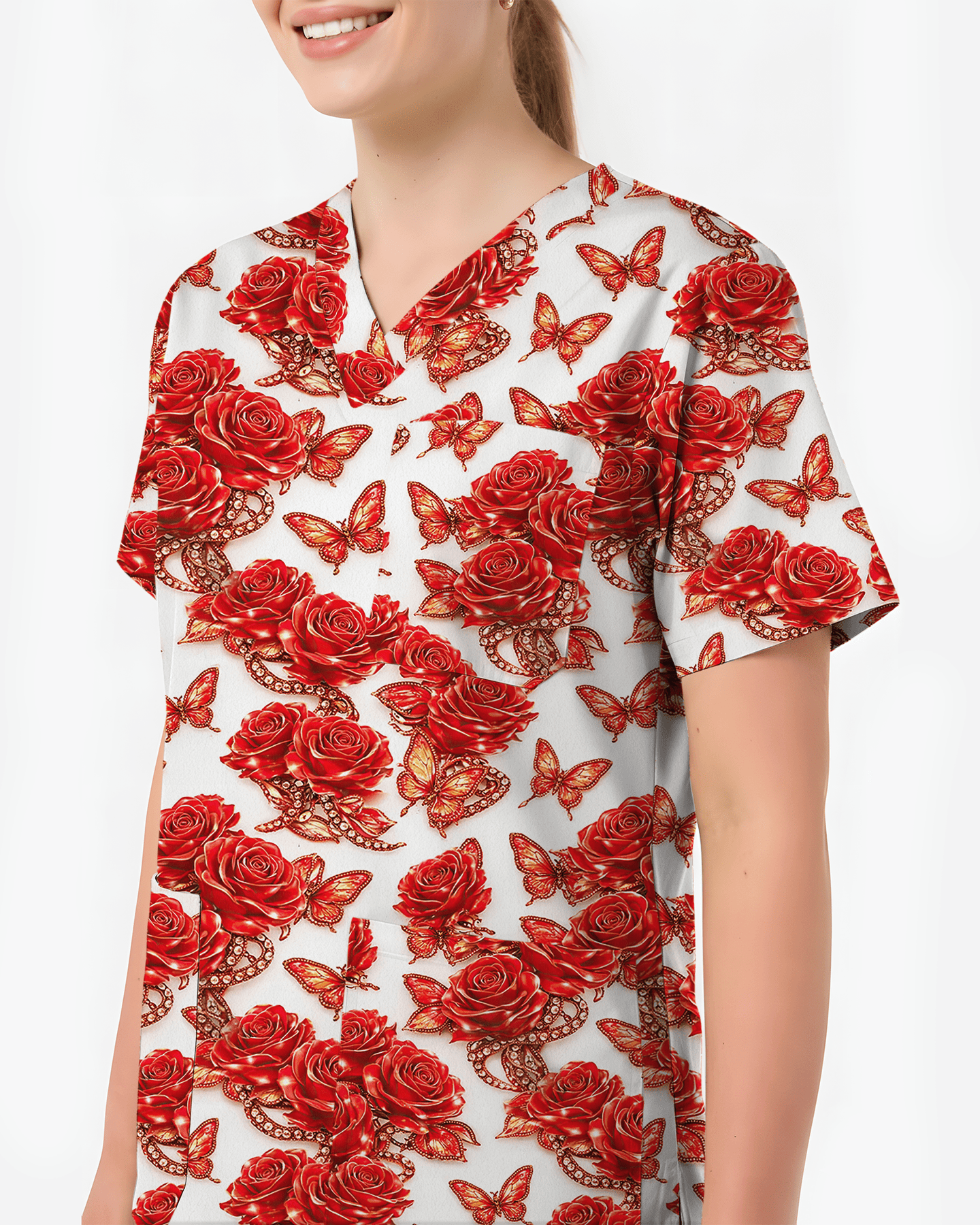 Red Rose Jewelry & Butterfly Nurse Scrub Top - Scrubloop