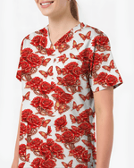 Red Rose Jewelry & Butterfly Nurse Scrub Top - Scrubloop