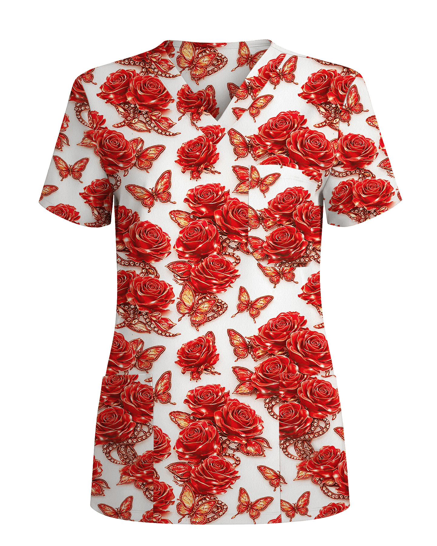 Red Rose Jewelry & Butterfly Nurse Scrub Top - Scrubloop
