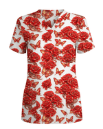 Red Rose Jewelry & Butterfly Nurse Scrub Top - Scrubloop