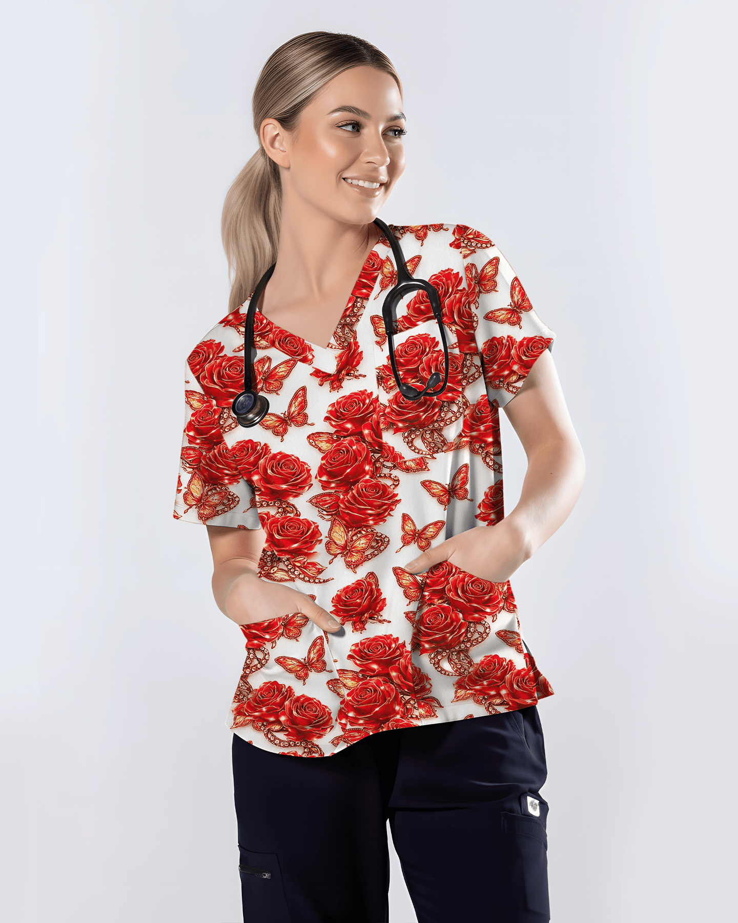 Red Rose Jewelry & Butterfly Nurse Scrub Top - Scrubloop