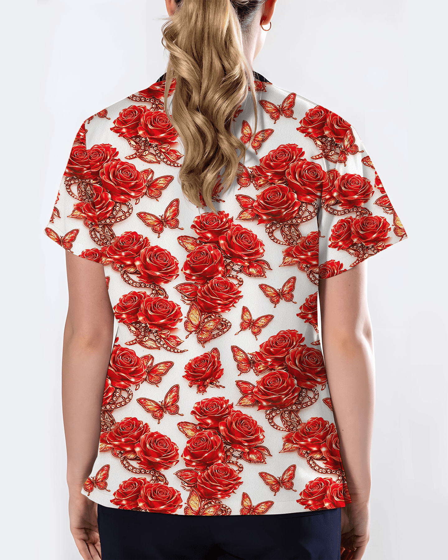 Red Rose Jewelry & Butterfly Nurse Scrub Top - Scrubloop