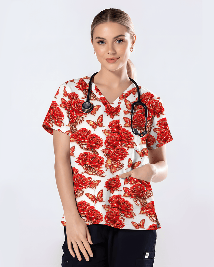 Red Rose Jewelry & Butterfly Nurse Scrub Top