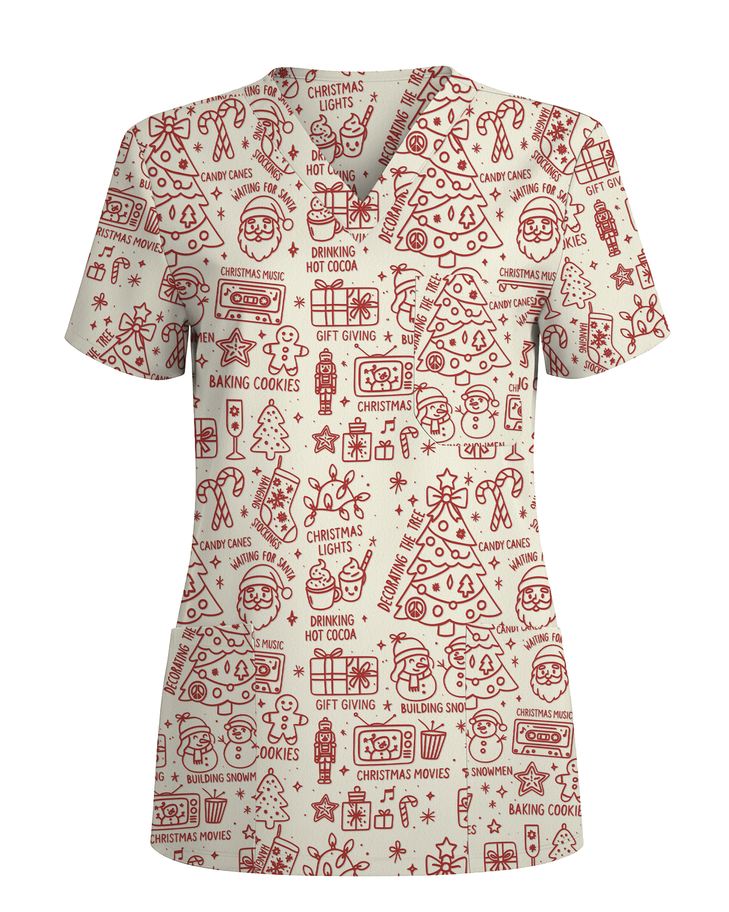 Retro Christmas Doodles Medical Scrub Top - Scrubloop