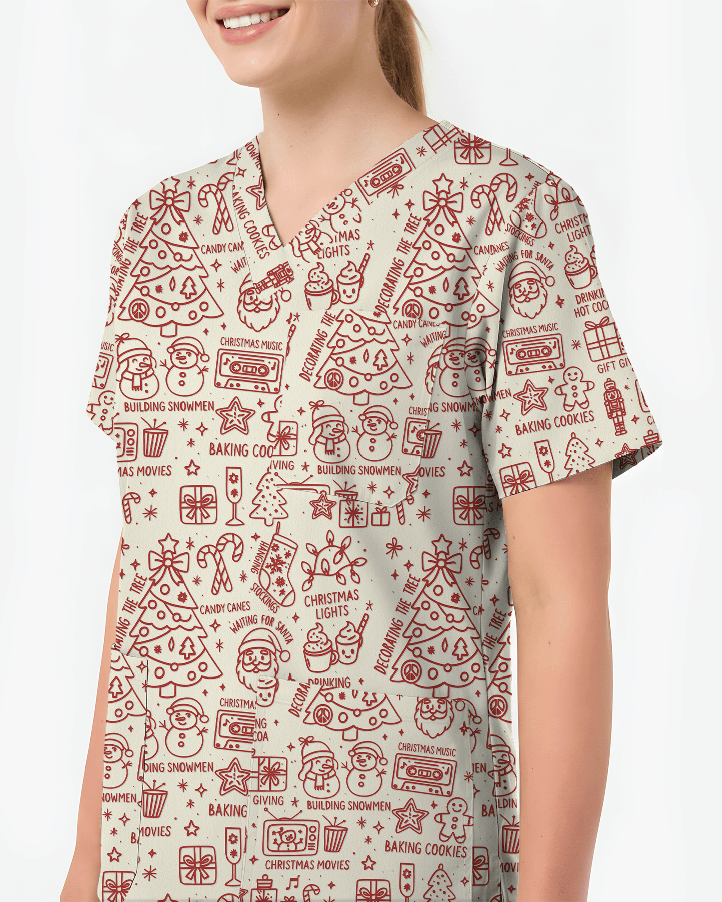 Retro Christmas Doodles Medical Scrub Top - Scrubloop