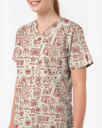 Retro Christmas Doodles Medical Scrub Top - Scrubloop