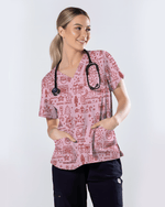 Retro Christmas Doodles Medical Scrub Top - Scrubloop