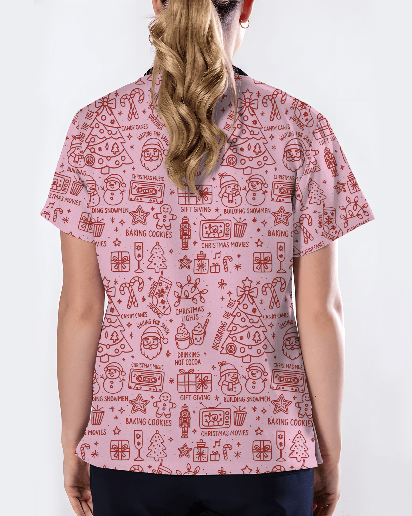 Retro Christmas Doodles Medical Scrub Top - Scrubloop