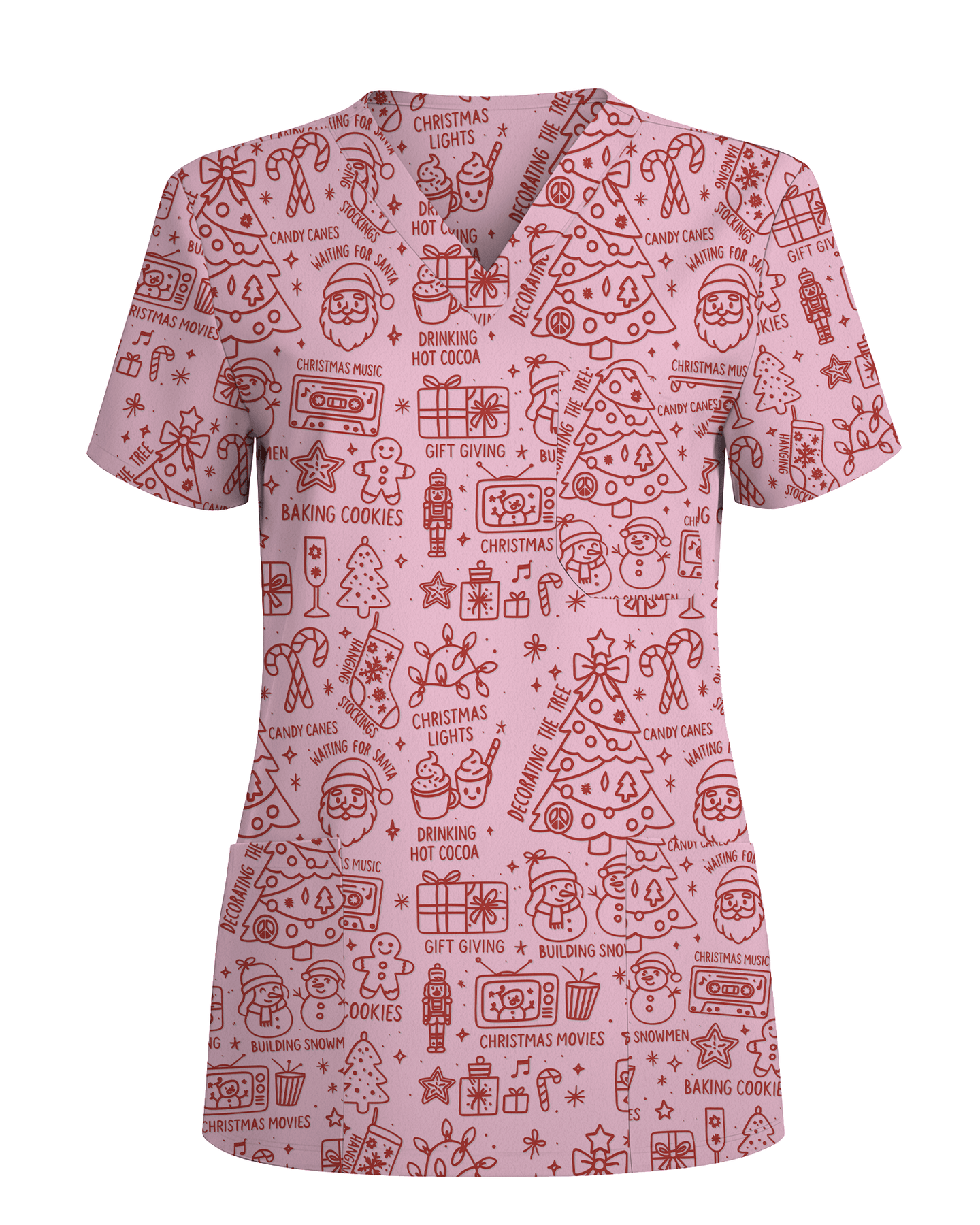 Retro Christmas Doodles Medical Scrub Top - Scrubloop