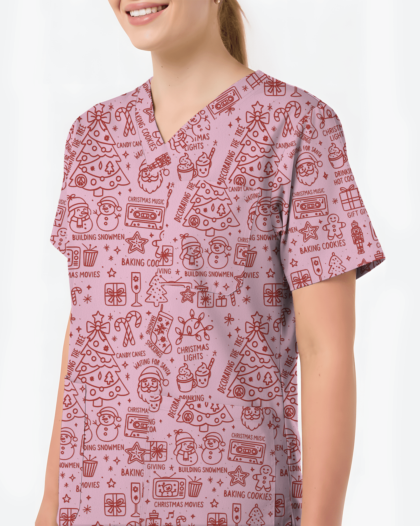 Retro Christmas Doodles Medical Scrub Top - Scrubloop