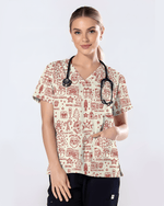 Retro Christmas Doodles Medical Scrub Top - Scrubloop