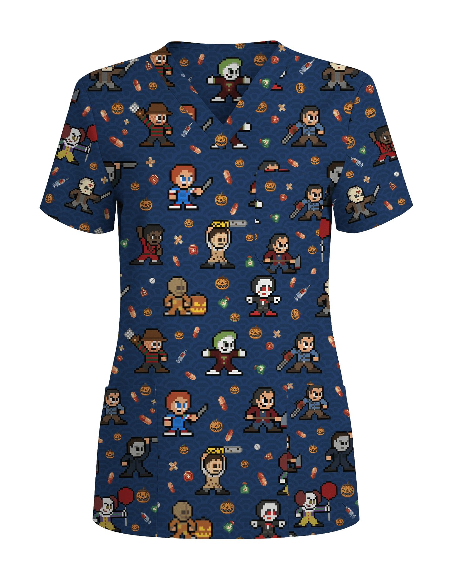 Retro Pixel Horror Movie Monsters Nursing Scrub Top - Scrubloop