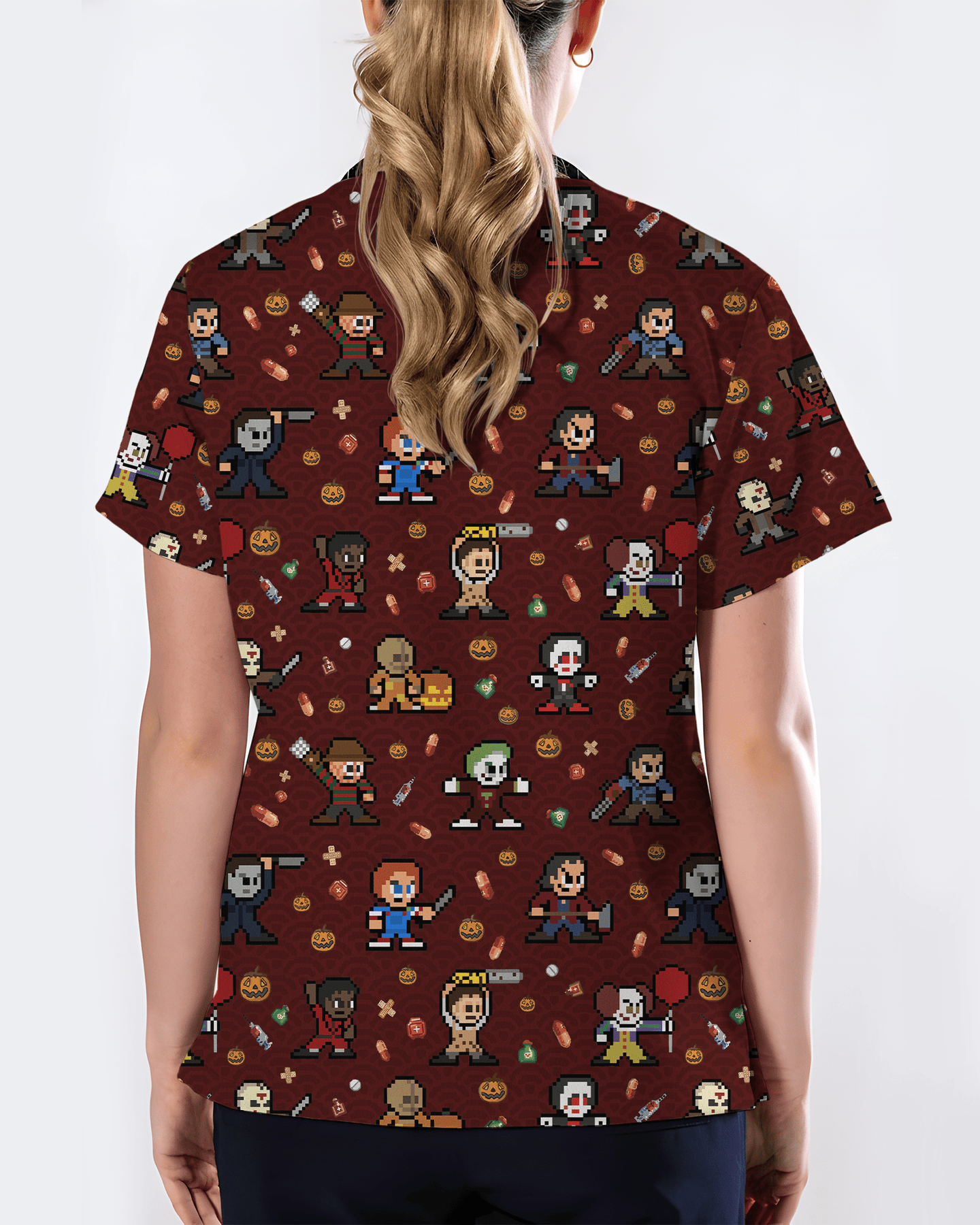 Retro Pixel Horror Movie Monsters Nursing Scrub Top - Scrubloop