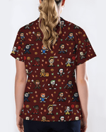 Retro Pixel Horror Movie Monsters Nursing Scrub Top - Scrubloop