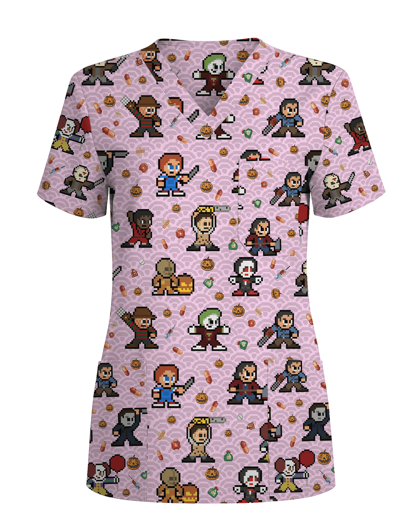Retro Pixel Horror Movie Monsters Nursing Scrub Top - Scrubloop