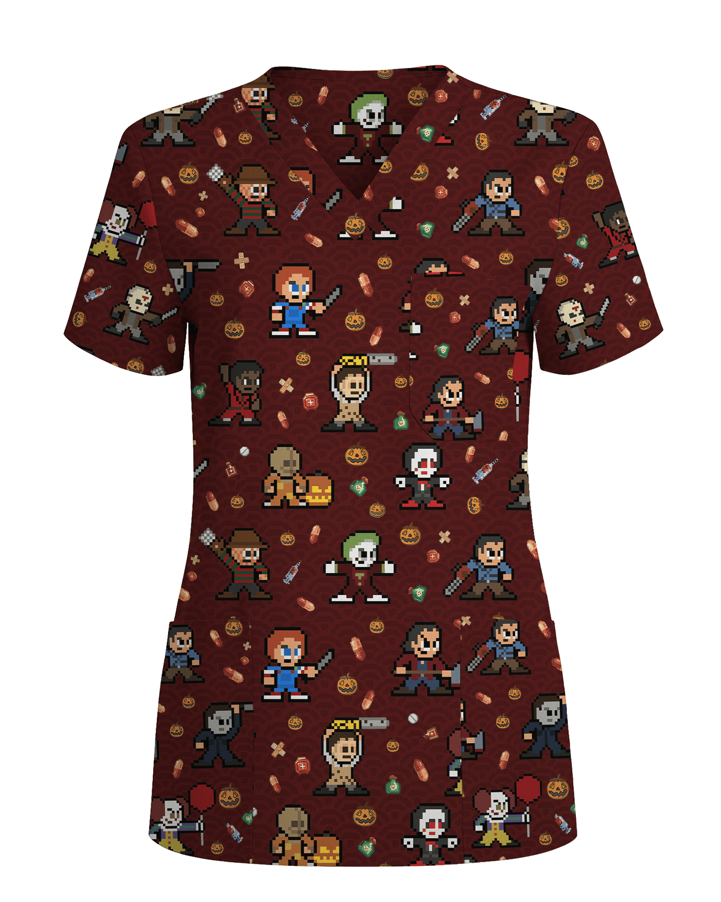Retro Pixel Horror Movie Monsters Nursing Scrub Top - Scrubloop