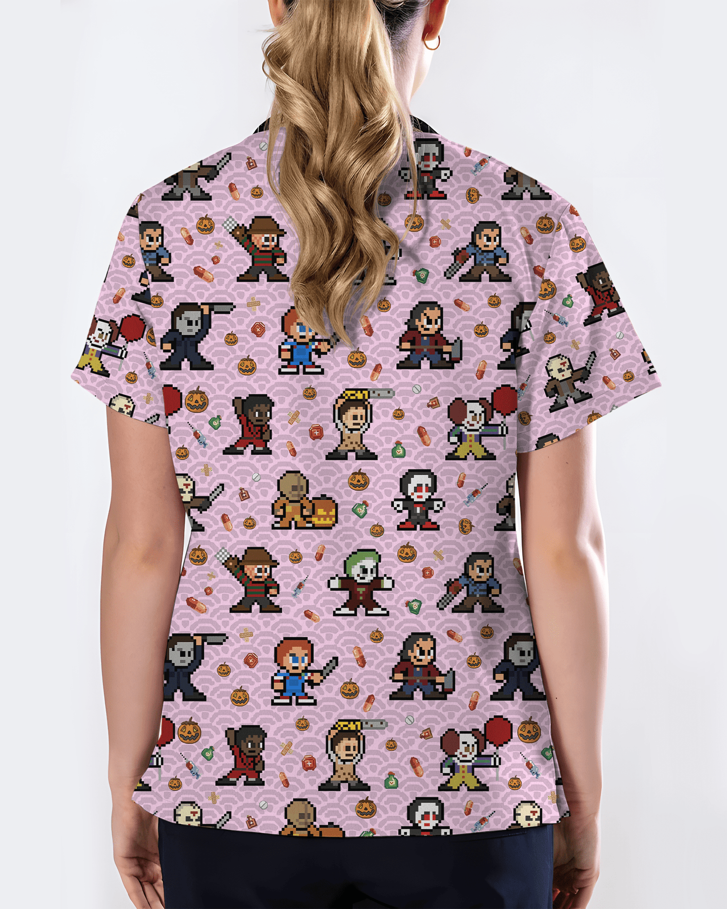 Retro Pixel Horror Movie Monsters Nursing Scrub Top - Scrubloop