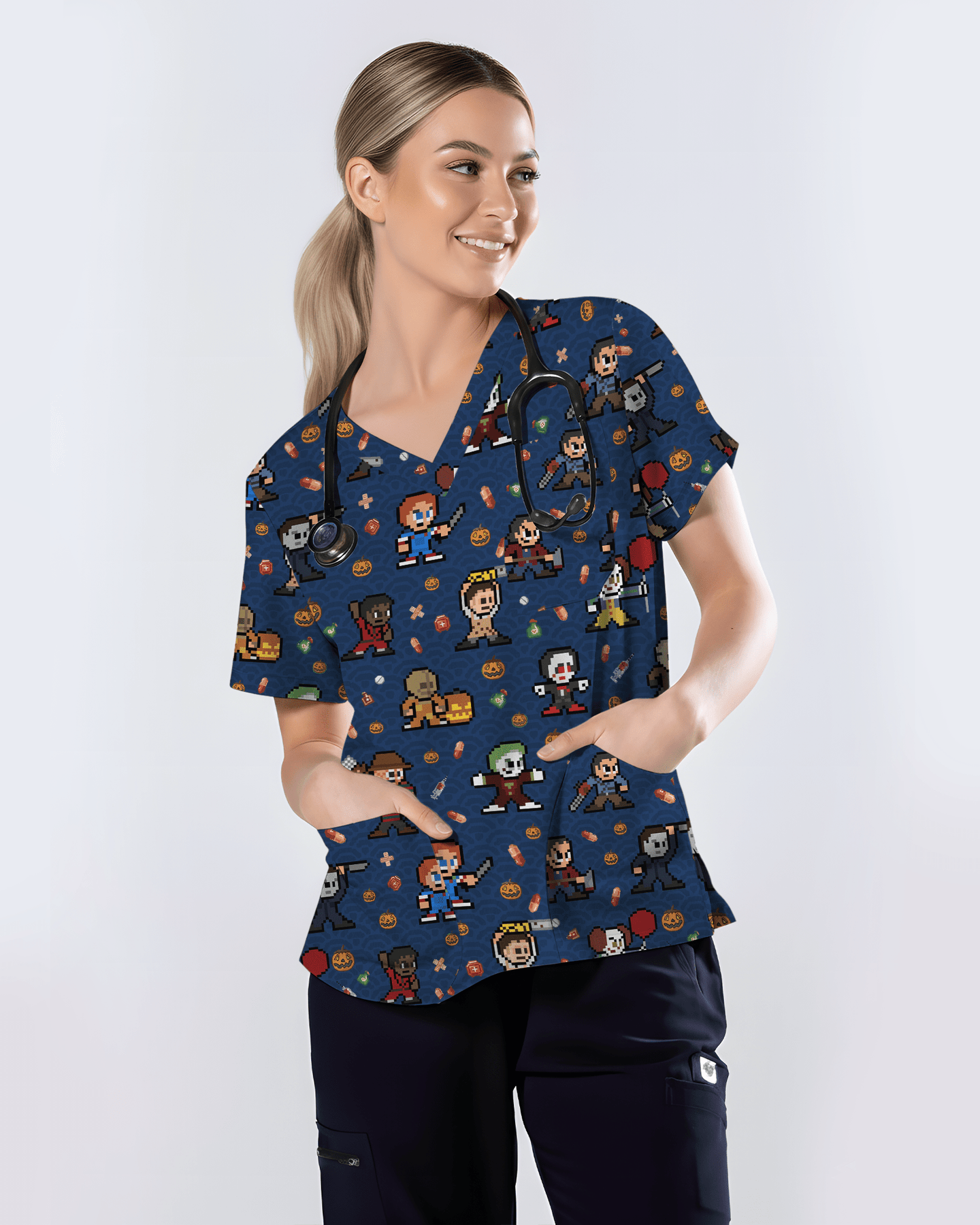 Retro Pixel Horror Movie Monsters Nursing Scrub Top - Scrubloop