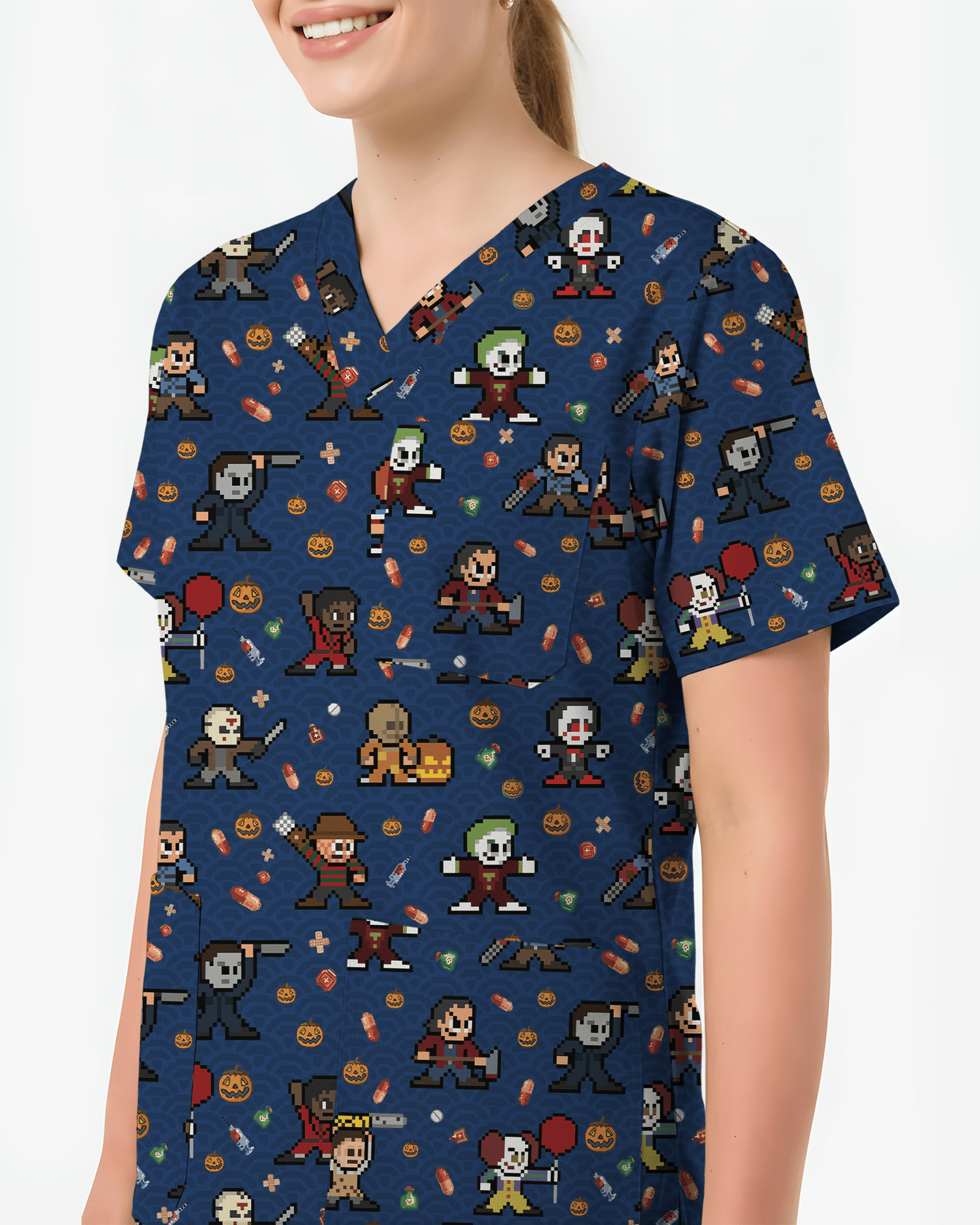 Retro Pixel Horror Movie Monsters Nursing Scrub Top - Scrubloop
