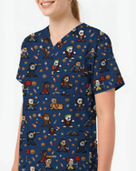 Retro Pixel Horror Movie Monsters Nursing Scrub Top - Scrubloop