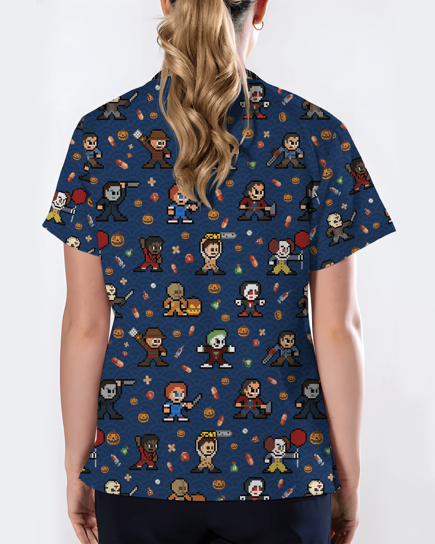 Retro Pixel Horror Movie Monsters Nursing Scrub Top - Scrubloop