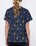 Retro Pixel Horror Movie Monsters Nursing Scrub Top - Scrubloop