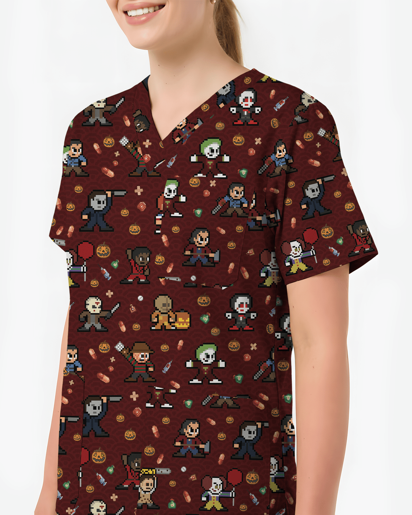 Retro Pixel Horror Movie Monsters Nursing Scrub Top - Scrubloop