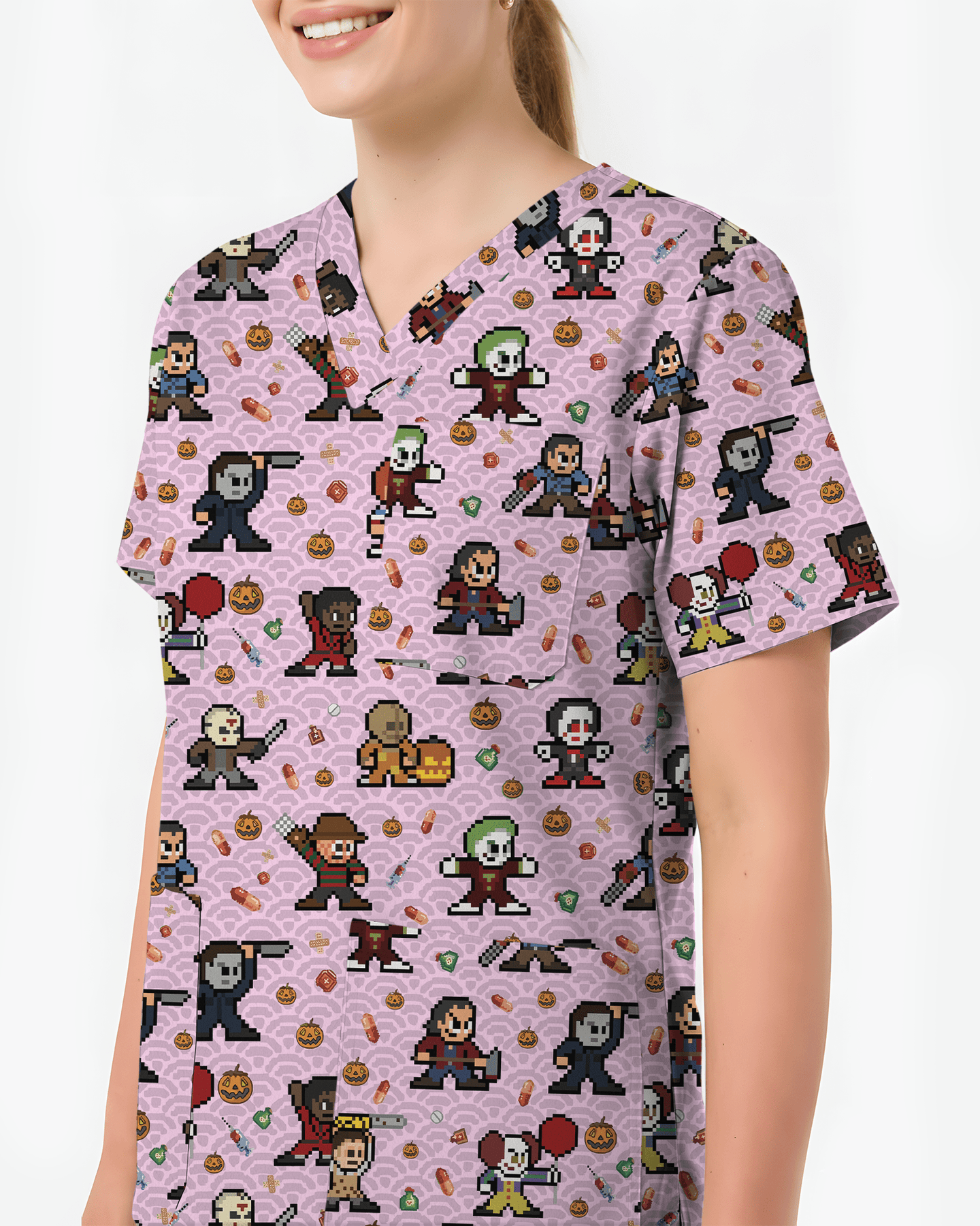 Retro Pixel Horror Movie Monsters Nursing Scrub Top - Scrubloop