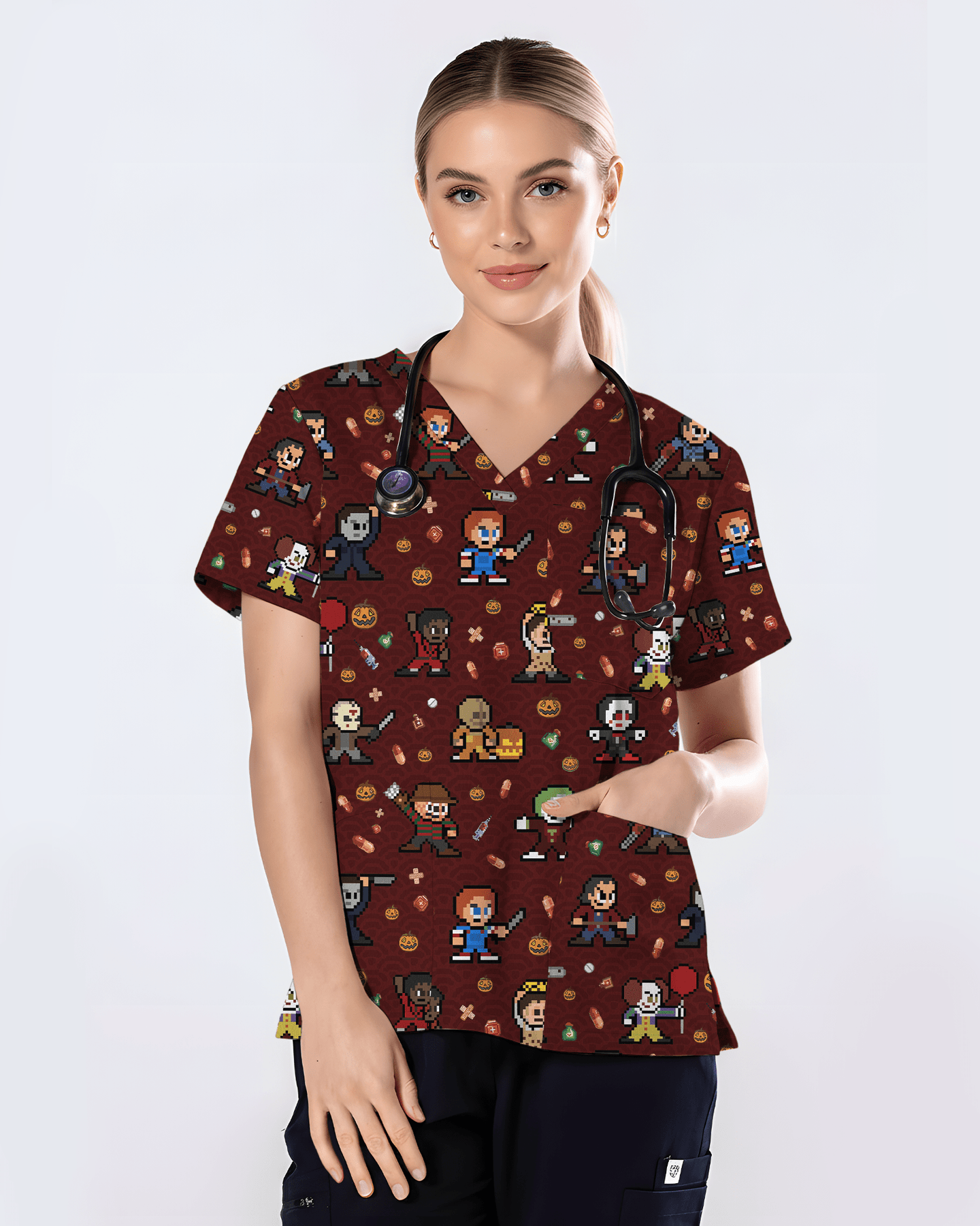 Retro Pixel Horror Movie Monsters Nursing Scrub Top - Scrubloop