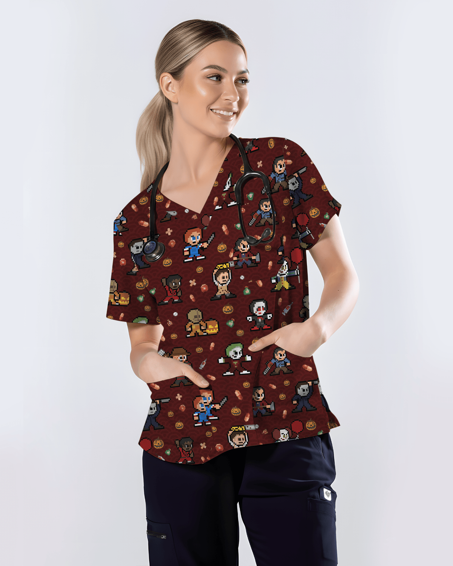 Retro Pixel Horror Movie Monsters Nursing Scrub Top - Scrubloop