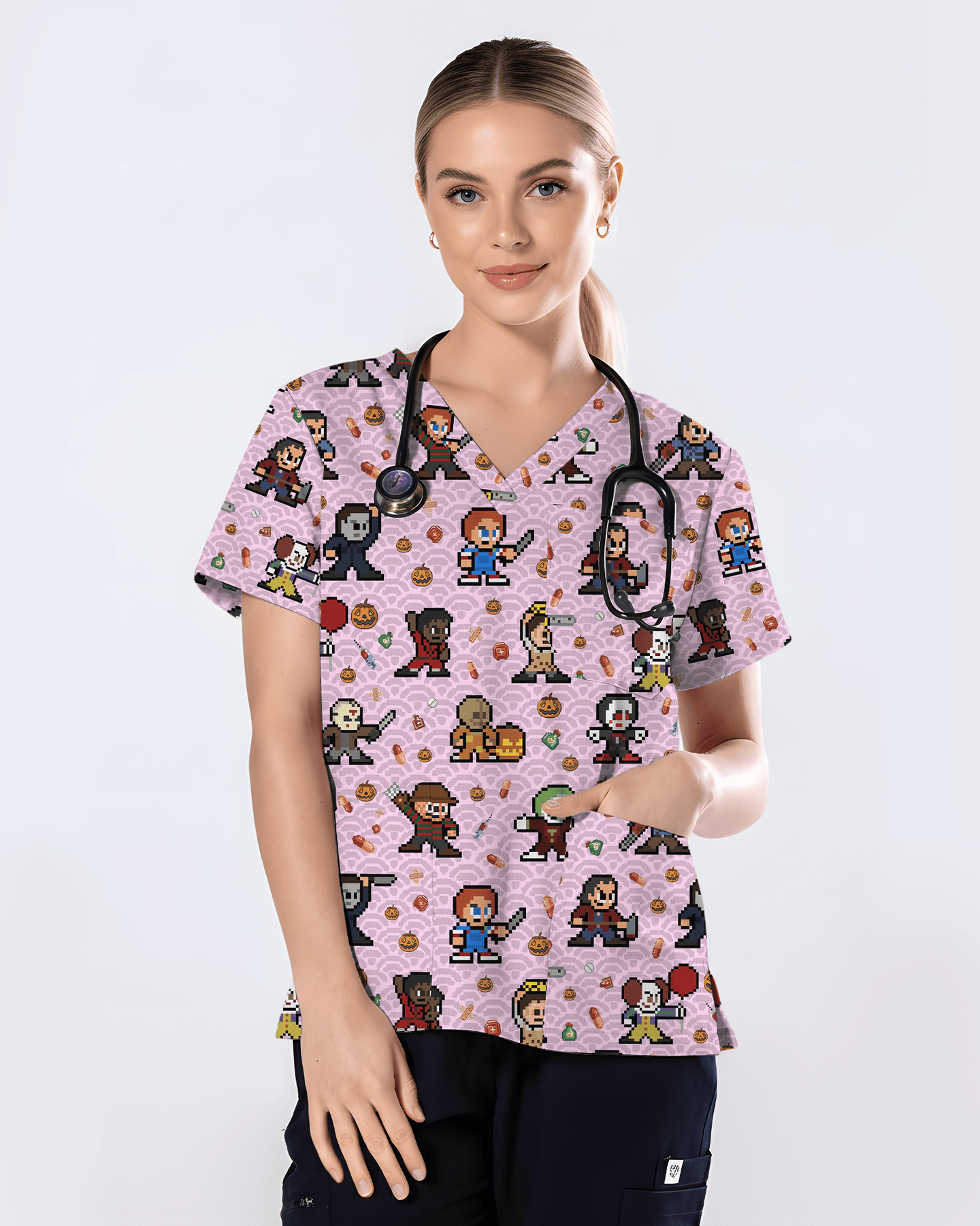 Retro Pixel Horror Movie Monsters Nursing Scrub Top - Scrubloop