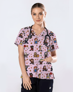 Retro Pixel Horror Movie Monsters Nursing Scrub Top - Scrubloop