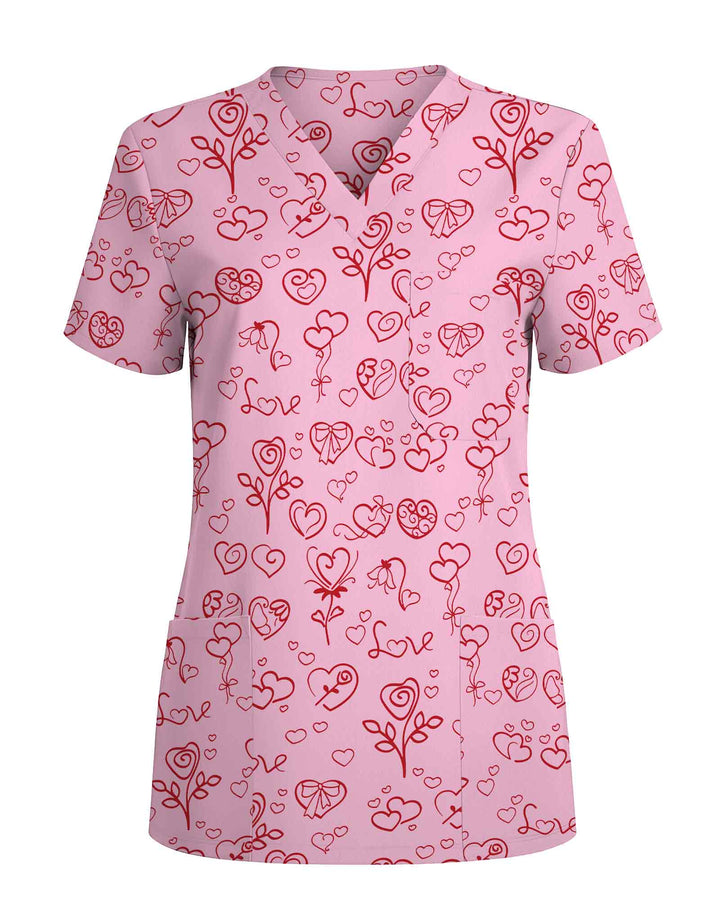Romantic Rose and Hearts Valentine Scrub Top
