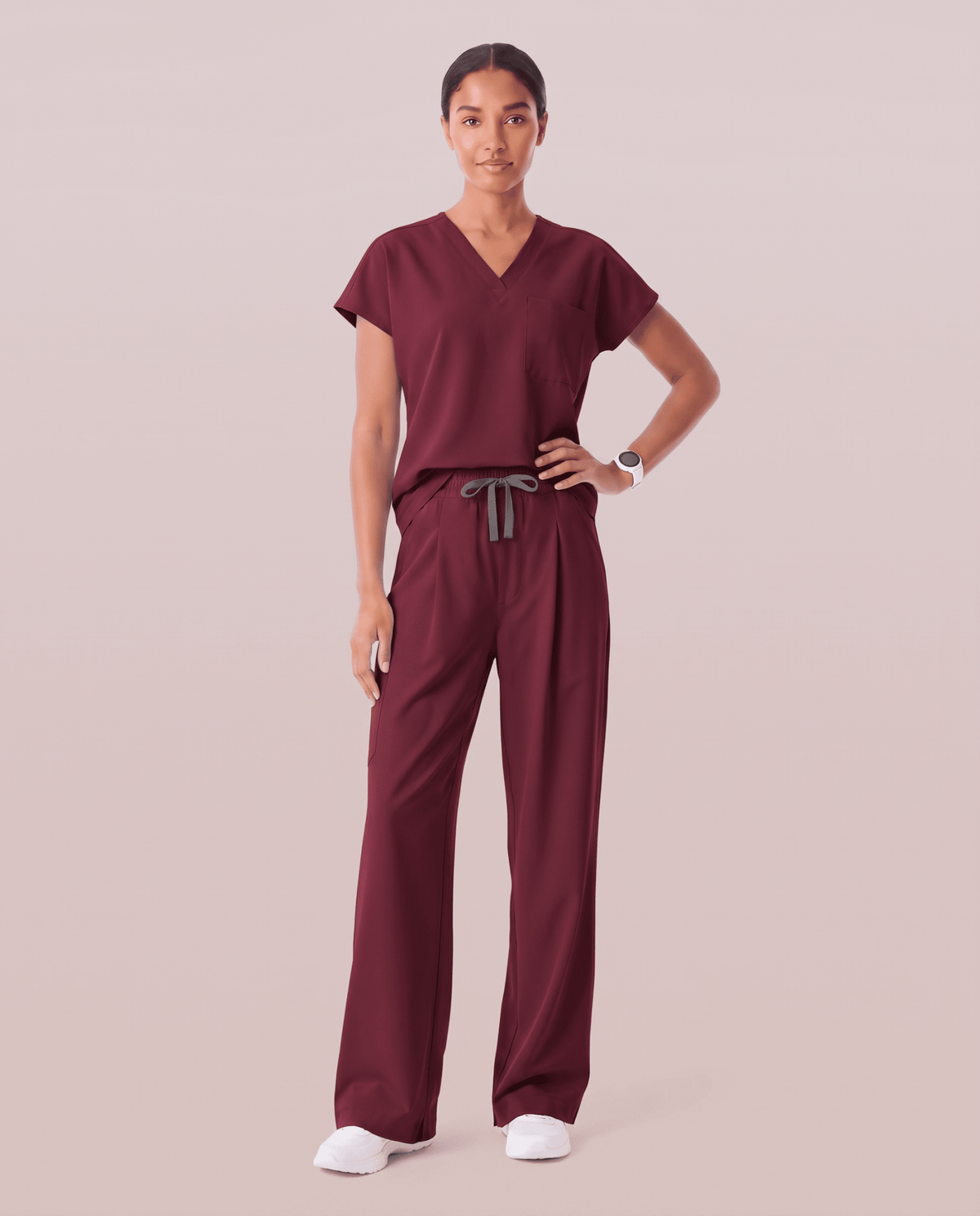 Ruched High-Rise Wide-Leg Pant Burgundy - Scrubloop
